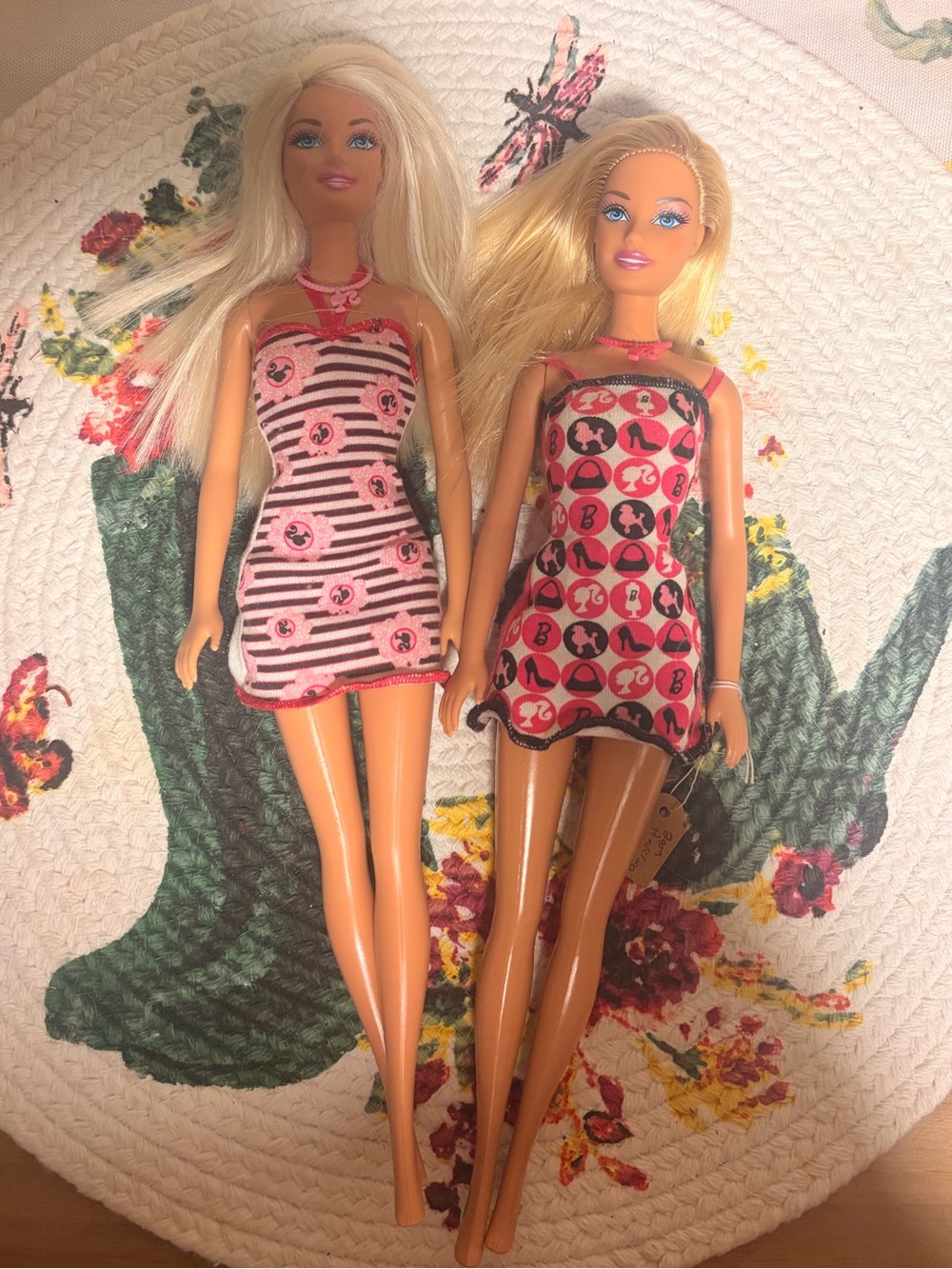 Lot of 2 Pink Dress Barbie Logo Necklace and Dresses Dolls